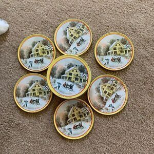Currier & Ives GIFTCO Tin Coaster Set Cork Backs